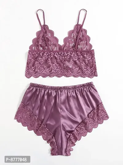 Stylish Purple Satin Lace Bra And Panty Set For Women