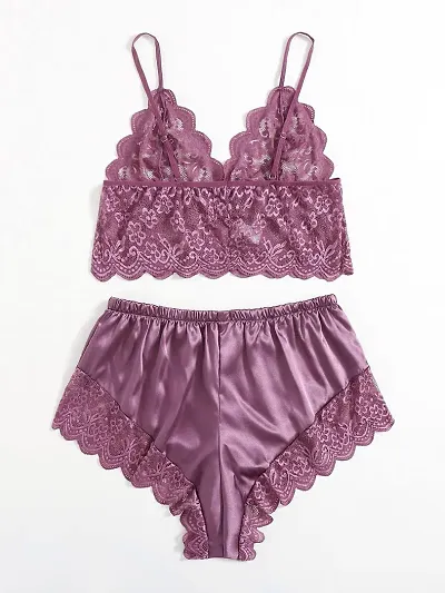 Stylish Satin Lace Bra And Panty Set For Women