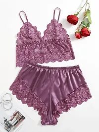 Stylish Purple Satin Lace Bra And Panty Set For Women-thumb1