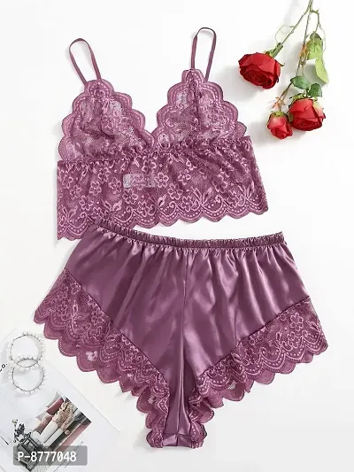 Stylish Purple Satin Lace Bra And Panty Set For Women-thumb2