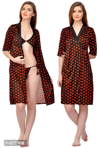Stylish Satin Polka Print Bra And Panty with Robe Set For Women