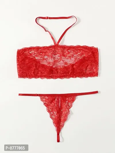Stylish Red Lace Bra And Panty Set For Women