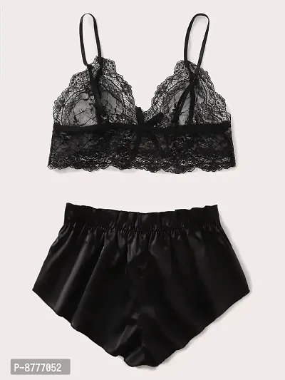 Stylish Black Satin Lace Bra And Panty Set For Women-thumb0