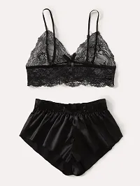Stylish Black Satin Lace Bra And Panty Set For Women-thumb1