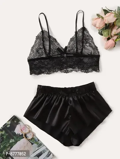 Stylish Black Satin Lace Bra And Panty Set For Women-thumb3