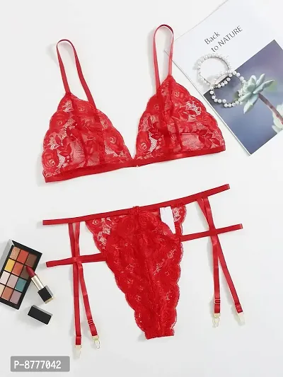 Stylish Red Lace Bra And Panty Set For Women