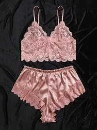 Stylish Peach Satin Lace Bra And Panty Set For Women-thumb1