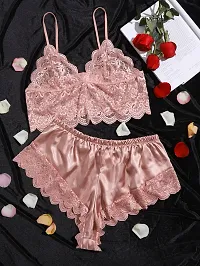 Stylish Peach Satin Lace Bra And Panty Set For Women-thumb2