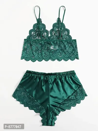 Stylish Green Satin Lace Bra And Panty Set For Women