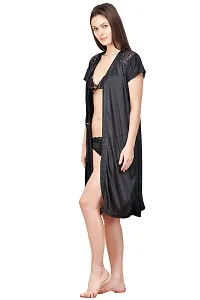 Stylish Black Satin Solid Bra And Panty with Robe Set For Women-thumb2