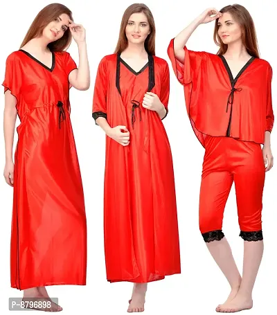 Attractive Solid Satin  Nighty  Robe  Top And  Capri For Women