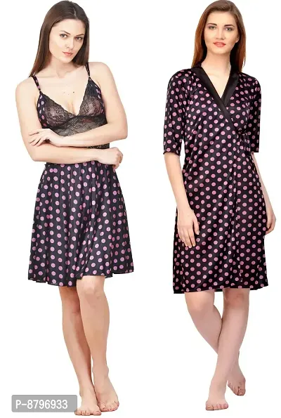 Attractive Polka Print Satin  Nighty And  Robe For Women