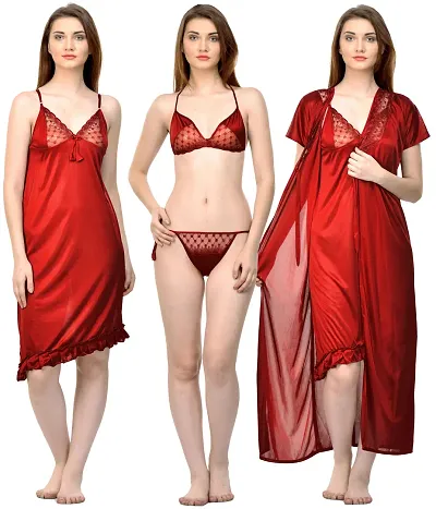 Attractive Solid Satin Nighty Robe Bra And Panty For Women