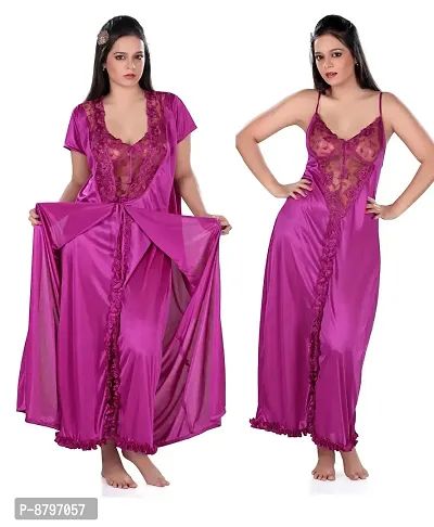 Attractive Solid Satin  Nighty And  Robe For Women-thumb0