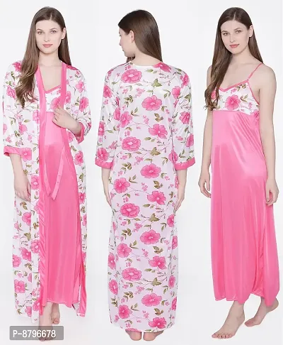 Beautiful Floral Printed Satin Nighty and Robe Set For Women-thumb0