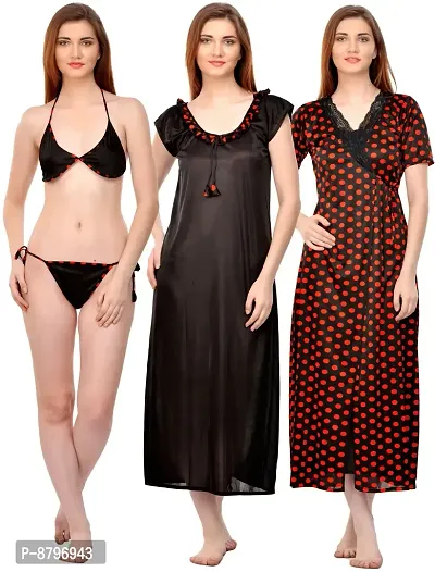 Attractive Polka Print Satin  Nighty  Robe  Bra And  Panty For Women