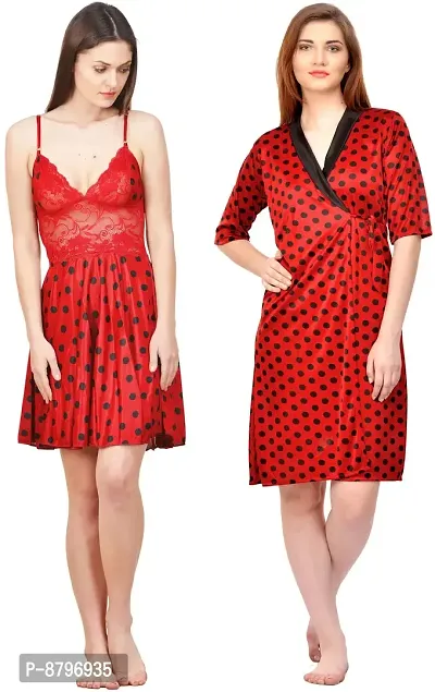 Attractive Polka Print Satin  Nighty And  Robe For Women