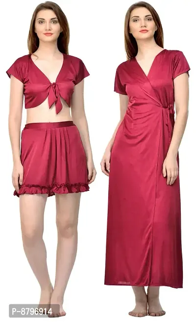 Attractive Solid Satin  Top  Skirt And  Robe For Women