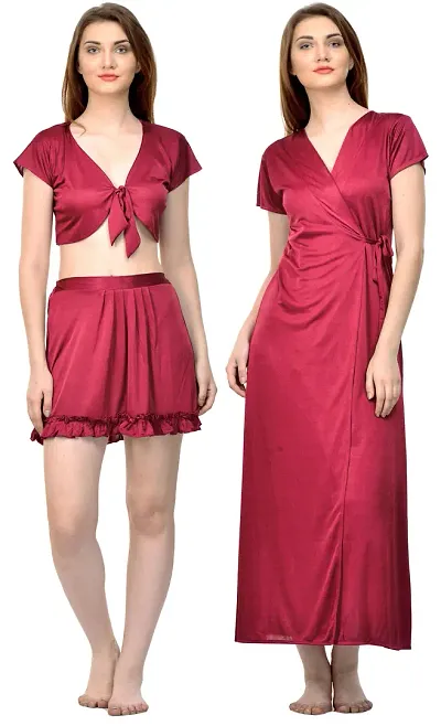 Attractive Solid Satin Top Skirt And Robe For Women