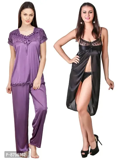 Attractive Solid Satin  Top  Pyjama and  Nighty For Women