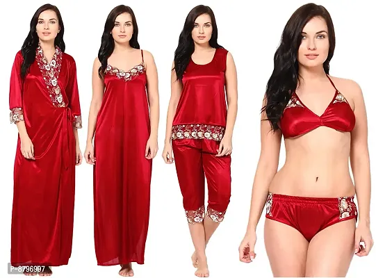 Attractive Solid Satin  Top  Capri  Nighty  Robe  Bra And  Panty For Women