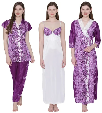 Floral Print Satin Nighty, Robe, Shirt And Pyjama Set - (Size - Free )