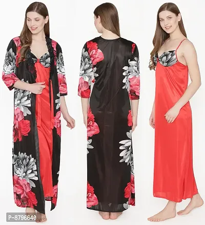 Beautiful Floral Printed Satin Nighty and Robe Set For Women