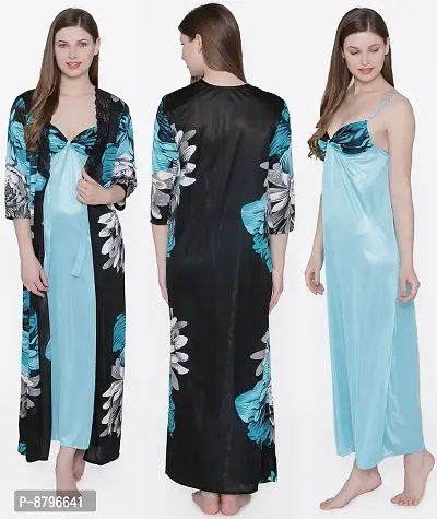 Beautiful Floral Printed Satin Nighty and Robe Set For Women