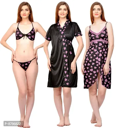 Attractive Printed Satin  Nighty and  Robe and  Bra and  Panty For Women