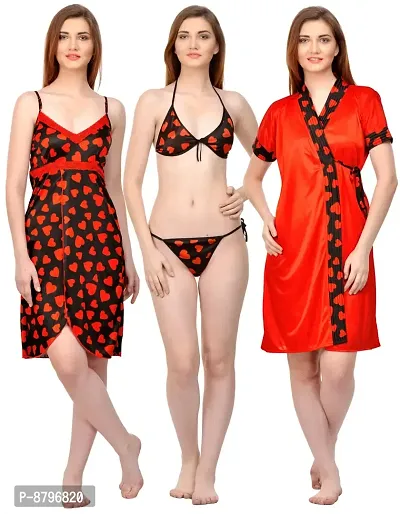 Attractive Printed Satin  Nighty and  Robe and  Bra and  Panty For Women-thumb0