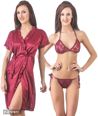 Attractive Solid Satin  Robe  Bra And  Panty For Women