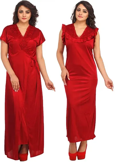 Attractive Solid Satin Nighty Robe For Women