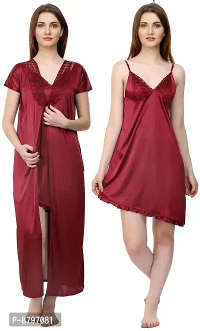 Attractive Solid Satin  Nighty And  Robe For Women-thumb0