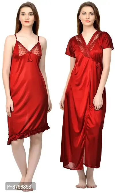 Attractive Solid Satin  Nighty And  Robe  For Women-thumb0