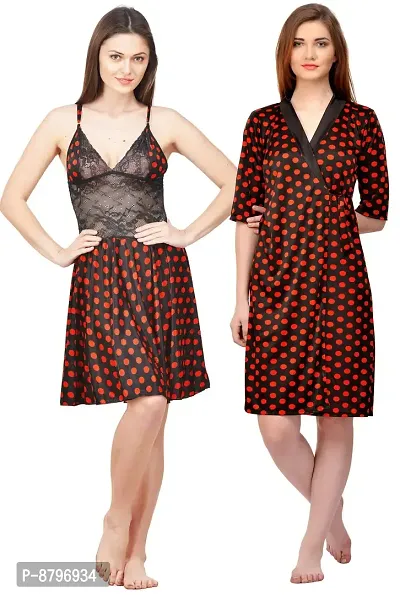 Attractive Polka Print Satin  Nighty And  Robe For Women