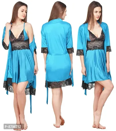 Beautiful Solid Satin Nighty and Robe Set For Women