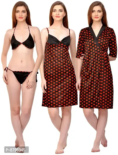 Attractive Polka Print Satin  Nighty  Robe  Bra And  Panty For Women