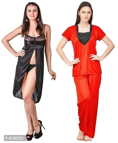 Attractive Solid Satin  Top  Pyjama and  Nighty For Women