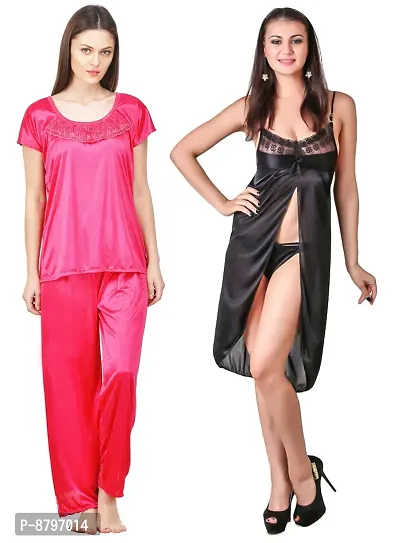 Attractive Solid Satin  Top  Payjama  Nighty For Women-thumb0