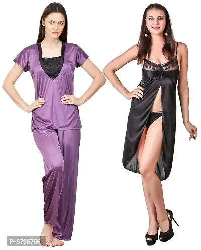 Attractive Solid Satin  Top  Pyjama and  Nighty For Women