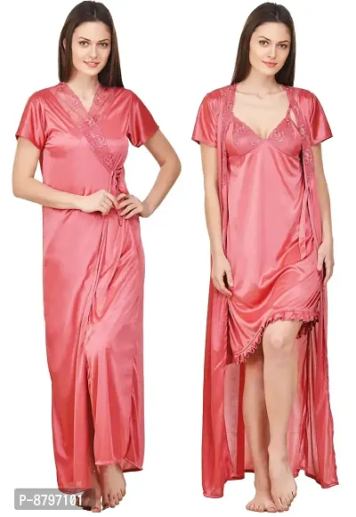 Attractive Solid Satin  Nighty And  Robe For Women