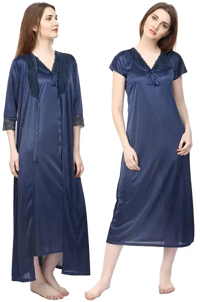 Attractive Solid Satin Nighty And Robe For Women