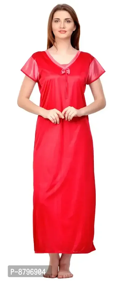 Attractive Red Satin Solid Nighty For Women