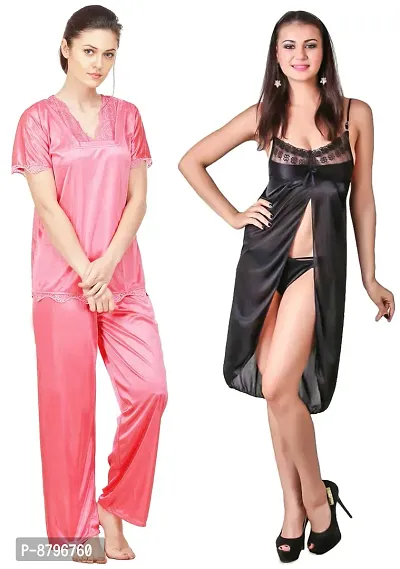 Attractive Solid Satin  Top  Pyjama and  Nighty For Women