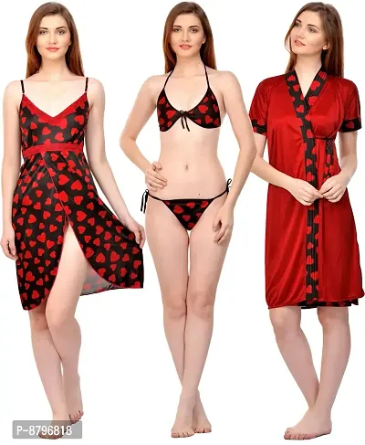 Attractive Printed Satin  Nighty and  Robe and  Bra and  Panty For Women