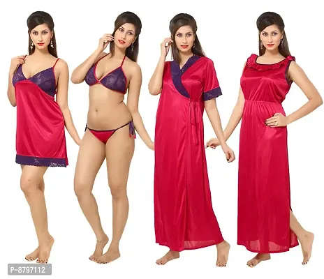 Attractive Solid Satin  Nighty  Robe  babydoll  Bra And  Panty For Women-thumb0