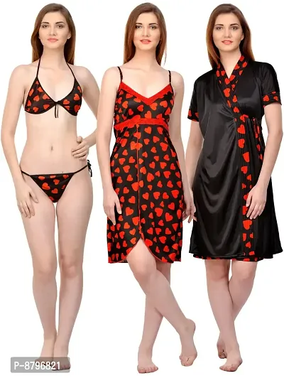 Attractive Printed Satin  Nighty and  Robe and  Bra and  Panty For Women