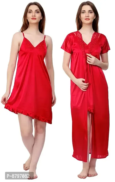 Attractive Solid Satin  Nighty And  Robe For Women