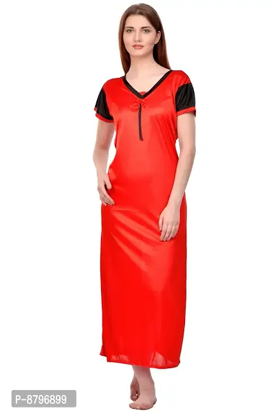 Attractive Red Satin Solid Nighty For Women
