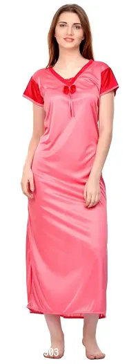 Attractive Light Pink Satin Solid Nighty For Women